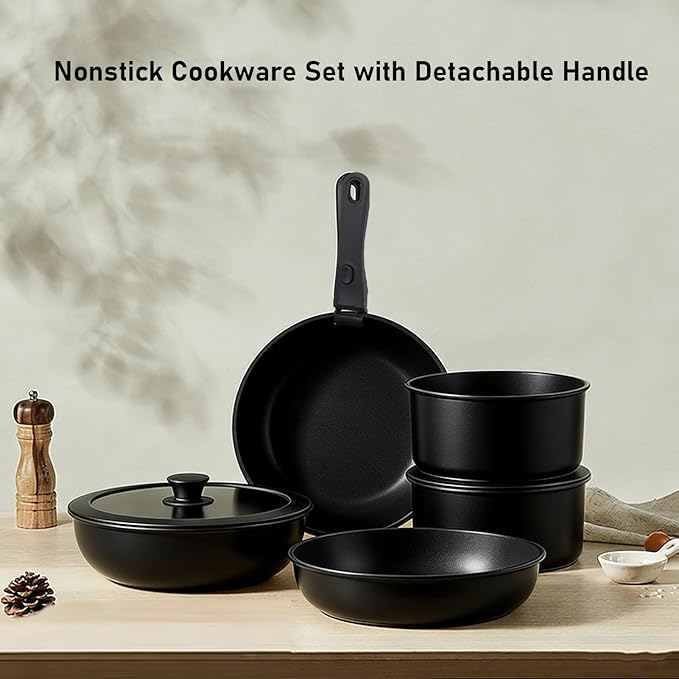 Diydeg Kitchen Cookware Set Pots and Pans Set Aluminum Nonstick Induction Cookware with Detachable Handle for Kitchen Cooking Dishwasher Safe