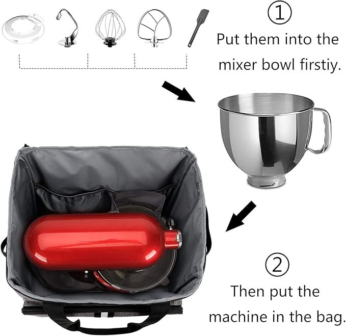 BAGLHER Heavy Duty Kitchen Mixer Cover for 4.5-5 Quart Stand Mixers 2-in-1 Shoulder &amp Hand Carrying Case with Accessory Pockets (14”x9”x15” Grey)