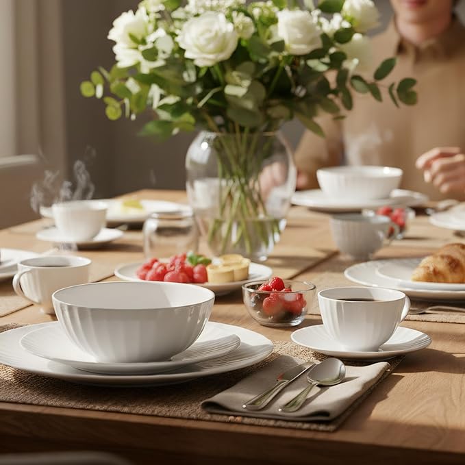16-Piece Bone China Dinnerware Set for 4 White embossed dinnerware set Plates and Bowls with Textured Design Microwave Dishwasher Safe