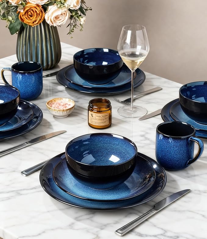 LERATIO Ceramic Dinnerware Sets for 8Stoneware Plates and Bowls SetsHandmade Reactive Glaze Dishes SetChip Resistant and Scratch Resistant | Oven&ampDishwasher &amp Microwave Safe-Blue(24PCS)