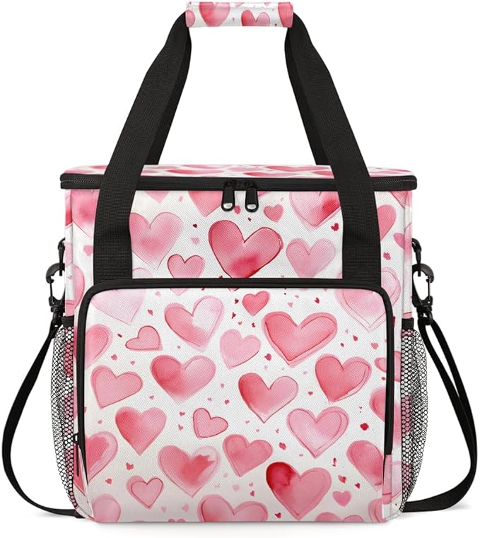 White Pink Heart Coffee Maker Carrying Bag Portable Travel Storage Tote Bag Compatible with K-Mini or K-Mini Plus Single Serve Coffee Brewer Carrying Case with Multiple Pockets &amp Shoulder Strap