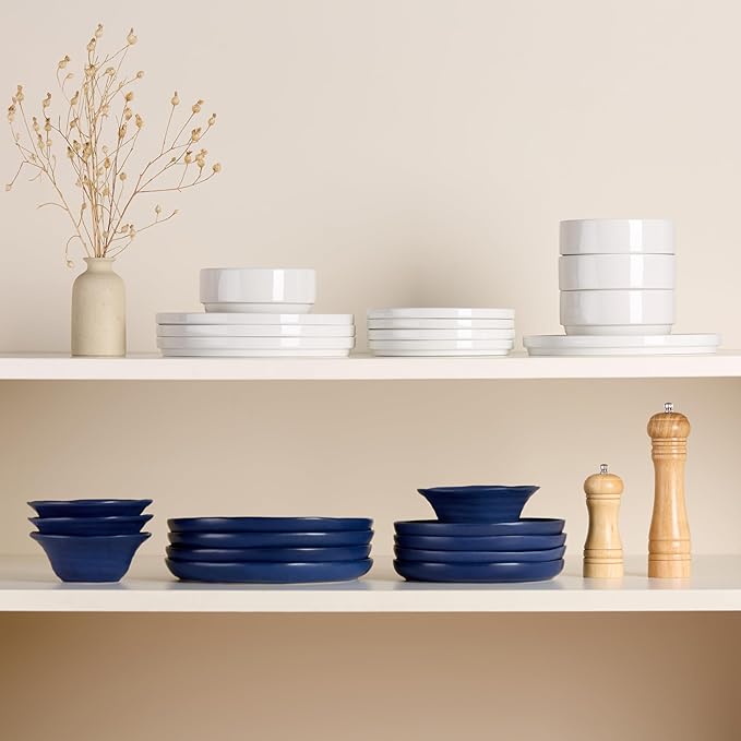 KooK Ceramic Dinnerware Set Service for 4 (12-Piece) Plates &amp Bowls Microwave &amp Dishwasher Safe Organic Shape Navy Blue Spiral