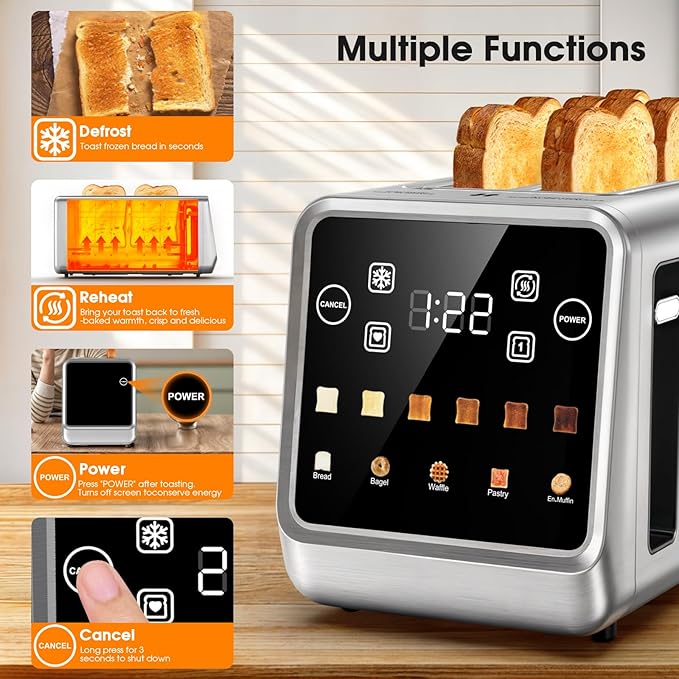 4-Slice Smart Toaster with Digital Touchscreen &amp 1-Touch Memory for Family | Stainless Steel Extra-Wide Long Slots for Bagels &amp Artisan Bread | All-in-One Defrost Reheat &amp Single-Slice M