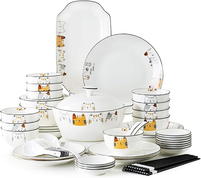 New Dinnerware SetsCeramics Dinner Sets 60 Pieces Cartoon Cat Porcelain Dinnerware Set | Gift Box Cereal Bowl Steak Plate and Soup Bowl for Family Gathering