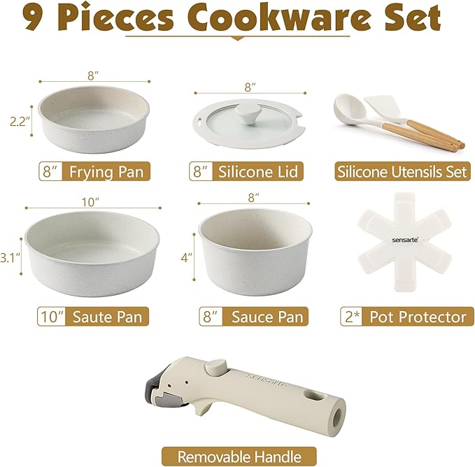 SENSARTE 9 Piece Pots and Pans Set Nonstick Detachable Handle Cookware Induction Kitchen Cookware Set with Removable Handle Healthy Non Stick for RV Dishwasher ＆ Oven Safe (White)