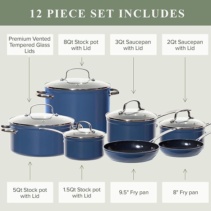 Nuwave Healthy Duralon Blue Ceramic Nonstick 12pc Cookware SetDiamond Infused Scratch-ResistantPFAS FreeDishwasher &amp Oven SafeInduction Ready &amp Evenly Heats Tempered Glass Lids Stay-Cool
