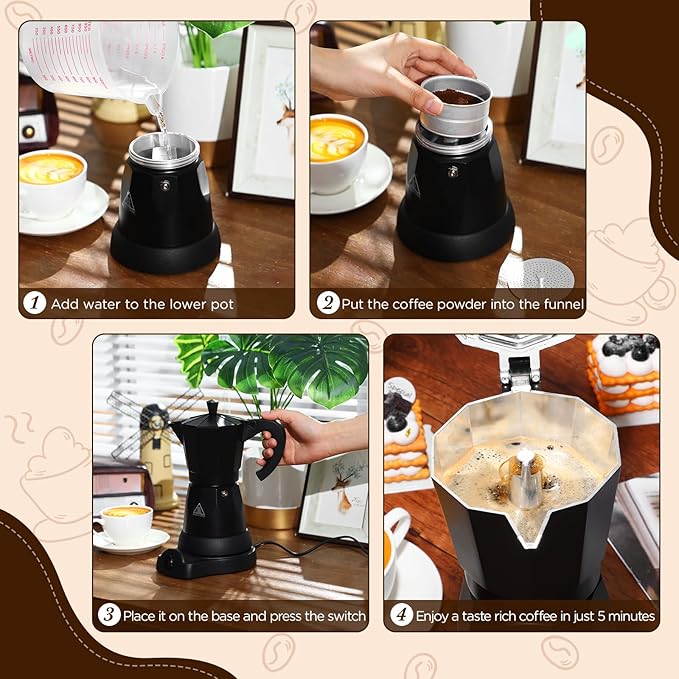 Coffee Pot 6 Cup Electric Espresso Coffee Maker Italian Moka Maker 300ml Portable Aluminum Espresso Machine Cafetera Moka Pot with Detachable Base Gift for Home Travel(Black)