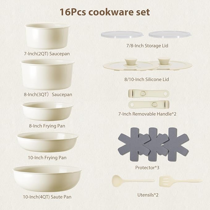Pots and Pans Non Stick16Pcs Ceramic Nonstick Cookware Sets Induction Kitchen tagines Set with Removable Handle Cooking Frying Pans &amp Saucepans(PFOA Free) Oven/Dishwasher/Fridge Safe Space Sa