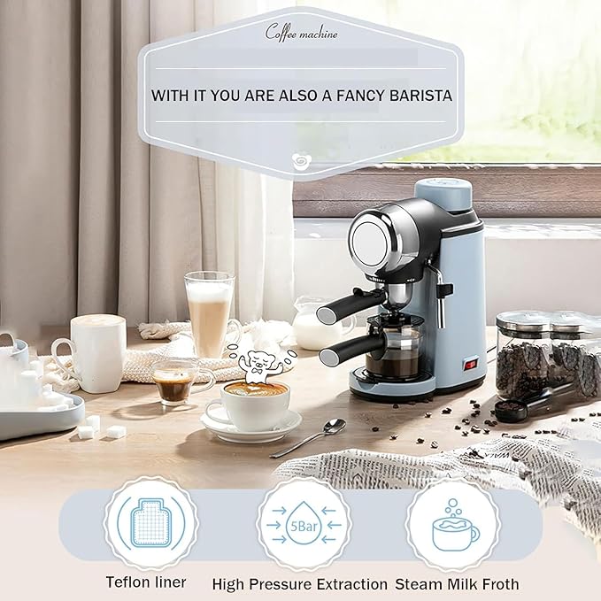 Espresso Coffee Maker 240ml Small Automatic Hand Grinding Coffee Machine with Steam Milk Frother Cappuccino Latte Machine with Latte Art Cup Coffee Pot for Home Office (Blue