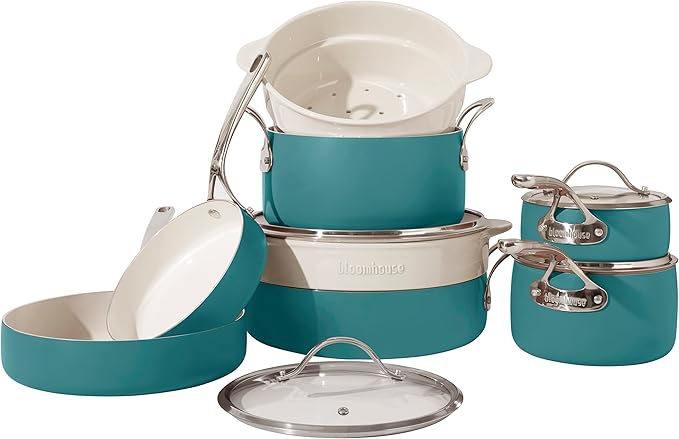 Bloomhouse 12 Piece Aluminum Pots and Pans Cookware Set w/Non-toxic Ceramic Non-stick Ceramic Steamer Insert &amp 12 Protective Care Bags - Agave Blue