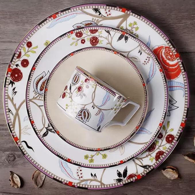 Exquisite Romanticism Dinnerware Set Service for 6European style Afternoon tea Bone China Dinnerware SetsSteak Dinner Plates Dish Set (24Pcs)Freezer Safe Elegant Dining Plates