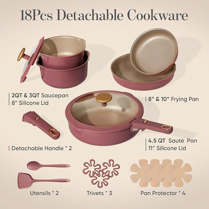 CAROTE 18Pcs Titanium Reinforced Nonstick Pots and Pans Set Nonstick Cookware Set with Detachable Handle Induction Kitchen Cookware Sets Removable Handles Dishwasher Safe Oven Safe Red