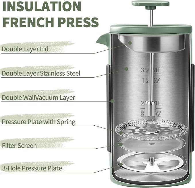 French Press – 350ml Stainless Steel Coffee Press 2 Cup Cafetiere for Ground Coffee Portable French Press