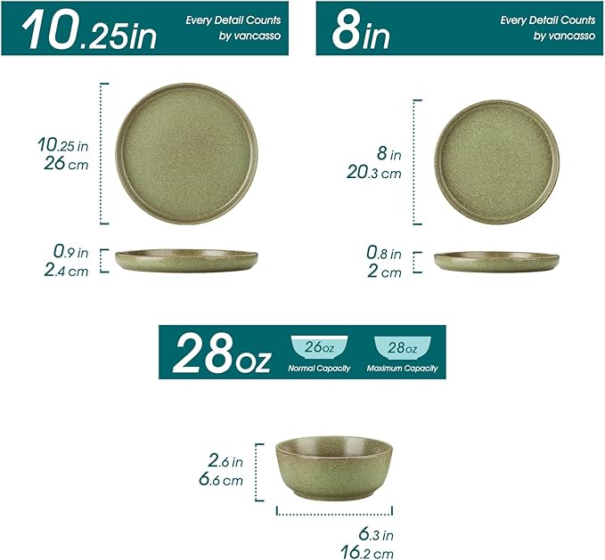 vancasso ZERMATT Stoneware Plates and Bowls Sets for 6 18 Pieces Dinnerware Set for Kitchen Chip Resistant Reactive Glaze Dishes Dishwasher &amp Microwave Safe Green
