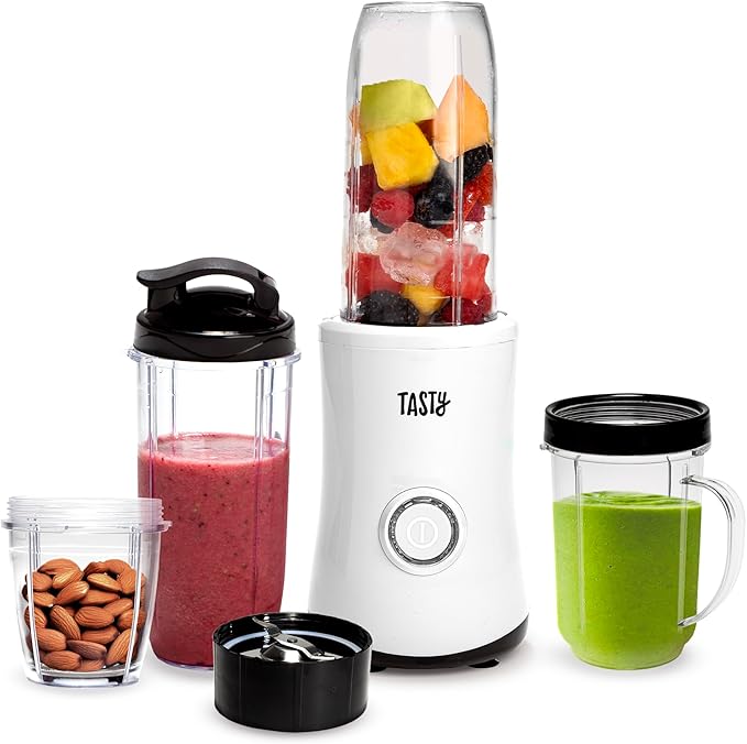 Tasty Personal Blender With Cups 350W Powerful Blending Motor 9-Piece Set With 4 Cups &amp Travel Lid Compact &amp Portable White