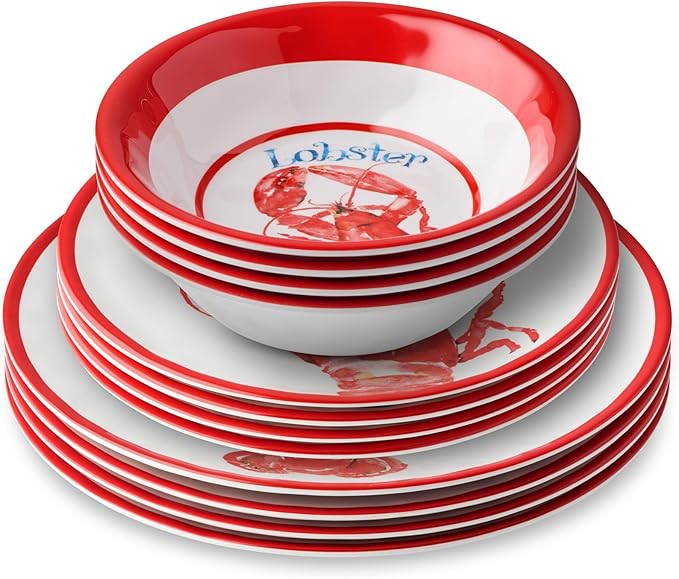 Beach House Lobster 12-Piece Melamine Dinnerware Set – Bold Coastal Charm Service for 4 Durable Lightweight and Dishwasher-Safe
