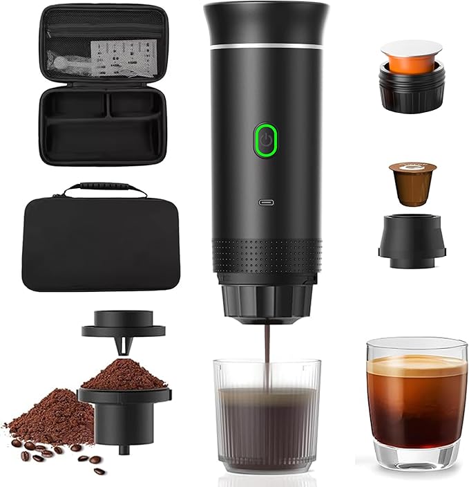 Portable Espresso Coffee maker for Travel with case – Self-Heating Travel Coffee Maker with USB-C Compatible with Ground Coffee NES &amp DG Capsules | Ideal for Camping Car Office &amp Hiking