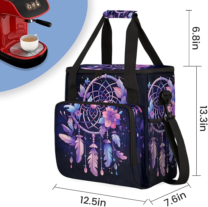 Dream Catcher Coffee Maker Carrying Bag Purple Flowers Travel Storage Bag Compatible with K-Mini or K-Mini Plus Single Serve Coffee Brewer Carrying Case with Multiple Pockets &amp Shoulder Strap