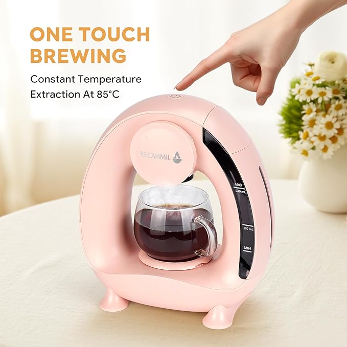 Single Serve Coffee Maker For K Cup Pod and Coffee Grounds /Tea Fast Brew in 2 minutes 2 IN 1 One Button Coffee Machine 4-8 Oz Brew Sizes Stylish＆Compact For Home Office RV and Dorm Pink