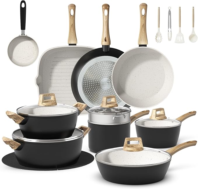 25-Piece Pots and Pans Set Non StickTitanium Ceramic Cookware Set Non ToxicLong-LastingPFAS FreeInduction CompatibleComplete Kitchen Set for All Cooking Needs