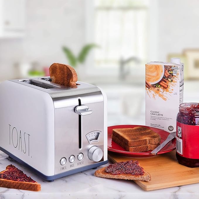Rae Dunn Toaster Stainless Steel 2 Slice Square Toaster Wide Slot with 5 Browning Levels with Bagel Defrost and Cancel Options (Cream)