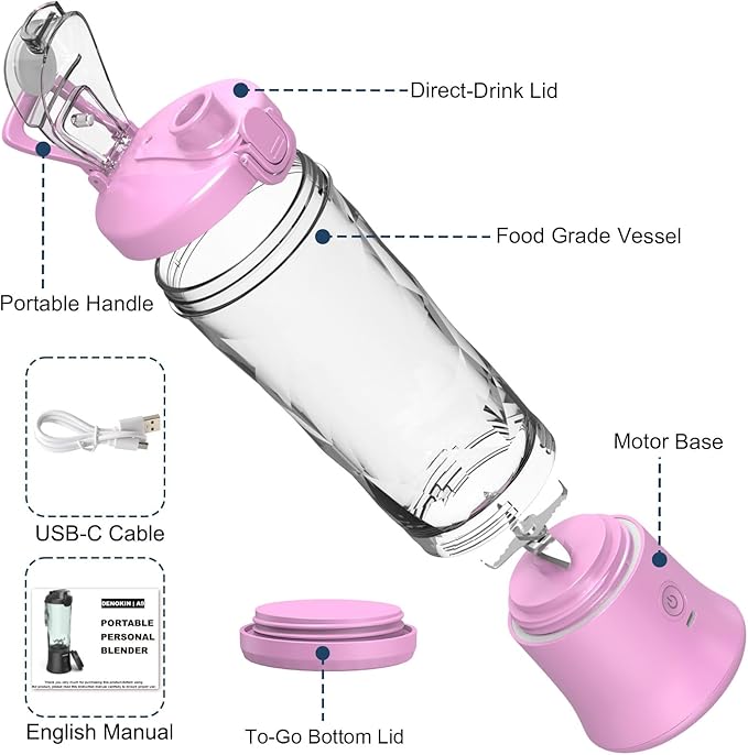 DENOKIN Portable Blender 20oz Vessel Cordless Personal Size Blend with 6 Blade and a Travel Lid (Purpleish Pink)