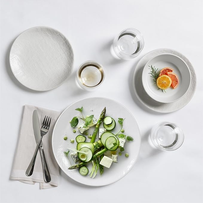 Navaris Linen Artisan Stoneware Dinnerware Set (18 Pieces) - White Dinnerware with Dinner Plates Side Plates and Pasta Bowls - Dishwasher and Microwave Safe