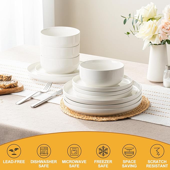 EWFEN Plates and Bowls Sets 24 Pieces Ceramic Dinnerware Set for 8 Stoneware Dishware Dishes Set Scratch Resistant Dishes Set Dishwasher &amp Microwave Safe White