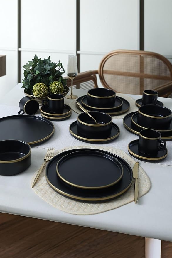 Dinnerware Set - Mat Siyah Gold Fileli Stackable - 20 Pieces - 4 Persons - Stoneware