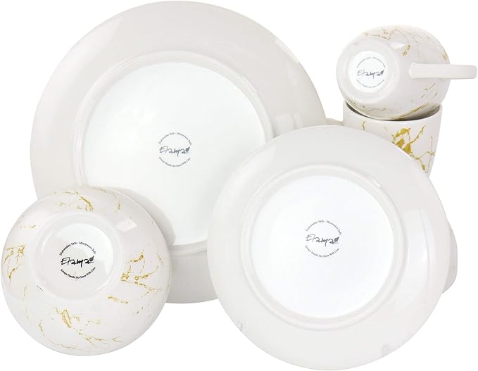 Unknown1 Fine Marble 16 Piece Stoneware Dinnerware Set in Gold and White Solid Modern Contemporary Round Microwave Safe 130 h x 65 h x 55 h