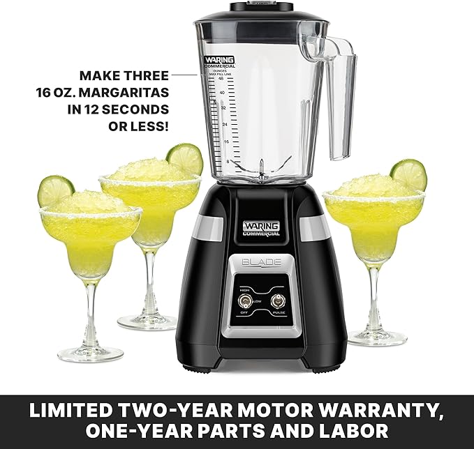 Waring Commercial BB300 Blade 1 HP Blender Toggle Switch Controls with Pulse feature with 48 oz BPA Free Copolyester Stacking Container 120V 5-15 Phase Plug Black