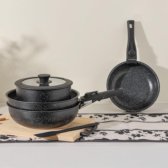 12Pcs Pots and Pans Set Nonstick Cookware Sets Kitchen Cooking Set with Spatula and Detachable Handle Black