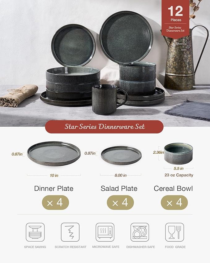Famiware Star Dinnerware Set with Plates and Bowls Service for 4 (16-Piece) Stoneware Kitchen Dishes Dinner Sets - Deep Forest
