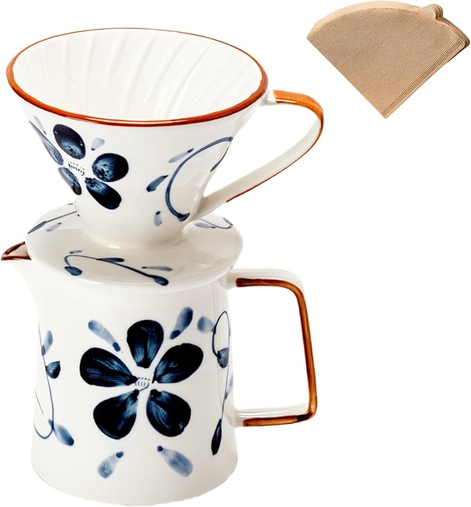 Pour Over Coffee MakerCeramic Coffee Maker With 40 pcs Paper Filter15oz/450ml Pour Over Coffee Dripper (Blue and white V02)