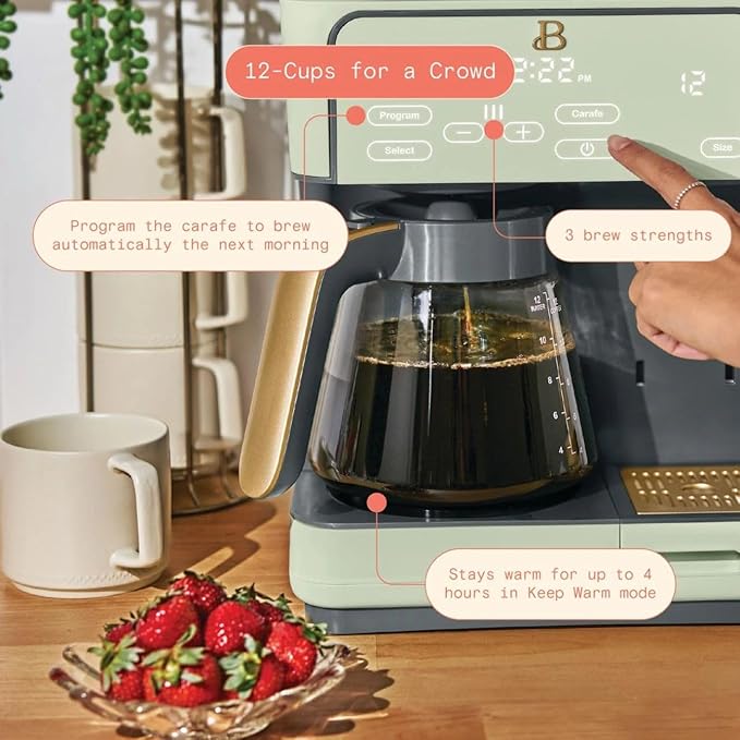 Multi-Brew Coffee Maker – 12-Cup Carafe &amp Single-Serve Pod or Grounds Iced Coffee Mode Programmable Touch Display Includes Filters (Sage Green)