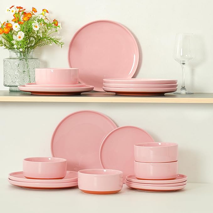 24 Piece Dinnerware Set Dual Glaze Stoneware Plates and Bowls Sets Modern Dinner Plate Salad Plate Cereal Bowl Dish Set for 8 Microwave and Dishwasher Safe Pink