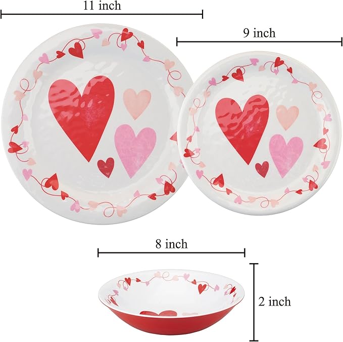 UPware 12 Piece Love Hearts Melamine Dinnerware Sets Outdoor Dishes Set Plates and Bowls Sets Valentine's Day Decorations Service for 4 Red