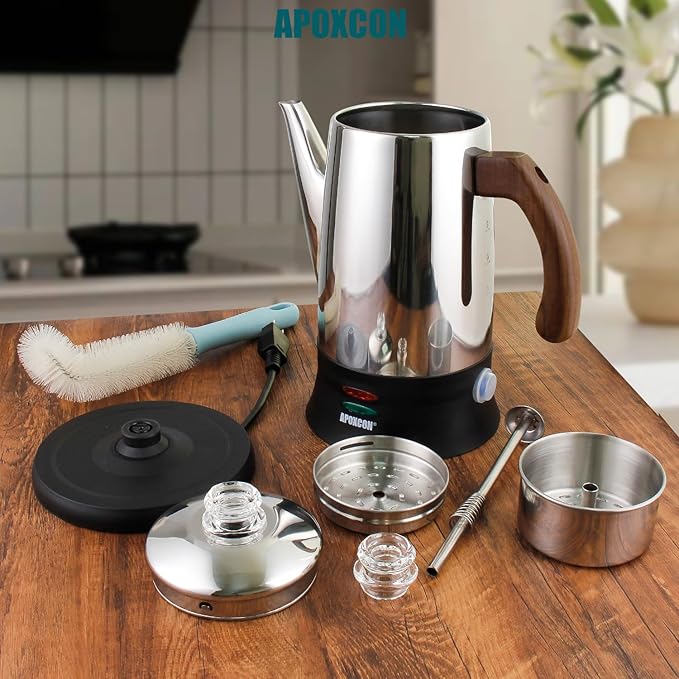Electric Coffee Percolator Stainless Steel Coffee Pot with Two Tough Glass Clear Brew Progress Knob &amp Treated Solid Wood Handle &amp On/OFF Switch Auto Keep Warm Cordless Serve (8 Cup)