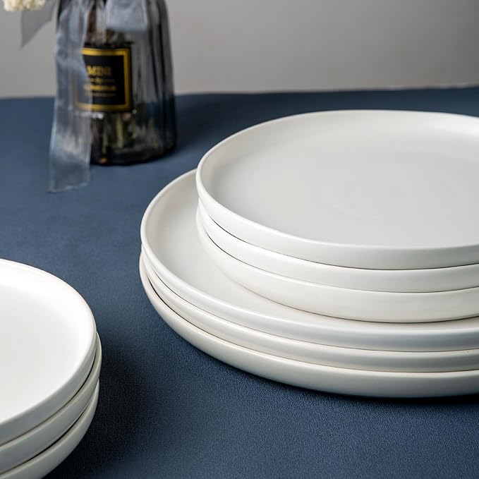 AmorArc Ceramic Dinnerware Sets Wavy Rim Stoneware Plates and Bowls SetsDishwasher &amp Microwave &amp Oven Safe Dishes set Service for 6 (18pc)-Matte White