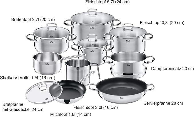 Silit Pot Set 10-Piece Toskana Pouring Rim Glass Lid Stainless Steel Suitable for Induction Hobs Dishwasher-Safe