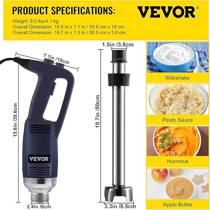 VEVOR Commercial Immersion Blender 750W Variable Speed Heavy Duty Hand Mixer 304 Stainless Steel Hand Blender (19.7)