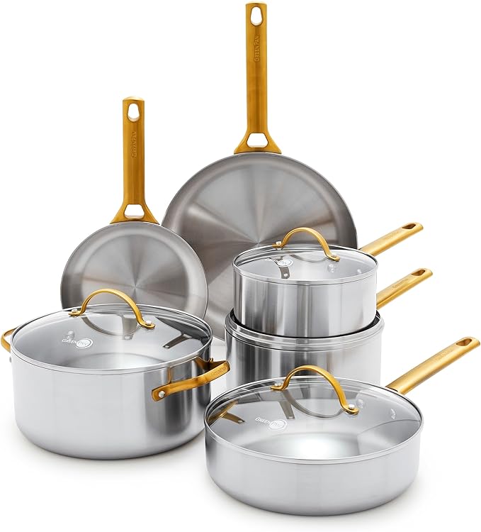 GreenPan Stainless Steel Tri-Ply Reserve 10 Piece Cookware Pots and Pans Set Multiclad Induction Oven &amp Broiler Safe to 600°F Heat Responsive Core Dishwasher Safe Glass Lids
