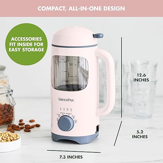GreenPan Nut Milk Maker 15-in-1 Homemade Soy Almond Oat Coconut Non-Dairy Rice Soup Baby Food BPA-Free Smooth Creamy Texture Self Clean Barista Quality Milk Delay Start Boil Water Pink