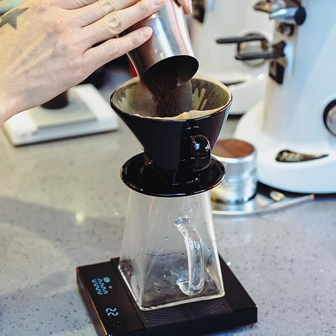 Pour Over Coffee Dripper Set by CrossCreek with Heat-resistance Black Cone Ceramic Dripper Glass Square Carafe 30PCS #2 Paper Filters 9917-C001-062