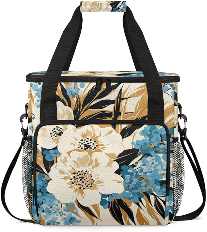 Tiger Print Coffee Maker Carrying Bag Blue Flower Travel Storage Bag Compatible with K-Mini or K-Mini Plus Single Serve Coffee Brewer Carrying Case with Multiple Pockets &amp Shoulder Strap