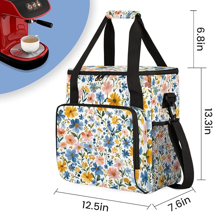 Romantic Flowers Coffee Maker Carrying Bag Portable Travel Storage Tote Bag Compatible with K-Mini or K-Mini Plus Single Serve Coffee Brewer Carrying Case with Multiple Pockets &amp Shoulder Strap
