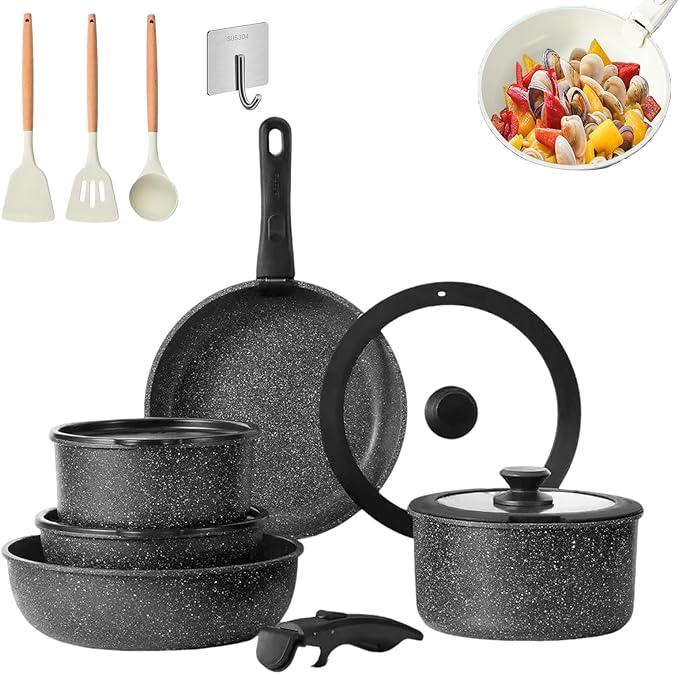 Pots and Pans Set Non Stick Cookware Set with Detachable Handles 5/11 Piece Ceramic coating Cooking Set with Frying Pan Saucepan Stock Pot Suitable for All Stovetops Dishwasher Safe (Black15)