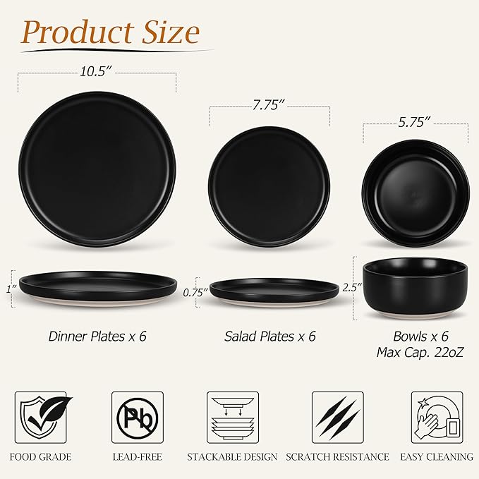LIANYU 18PCS Dinnerware Plates and Bowls Sets Ceramic Dishes Set for 6 Stoneware Dinner Dessert Salad Plates Cereal Bowls Scratch Resistant Dishware Microwavable &amp Dishwasher Safe Matte Black