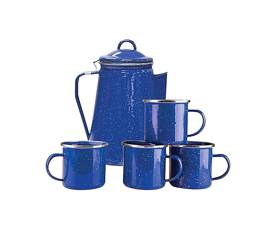 Stansport Enamel Percolator Coffee Pot &amp 4 Mug Set (11230)Blue