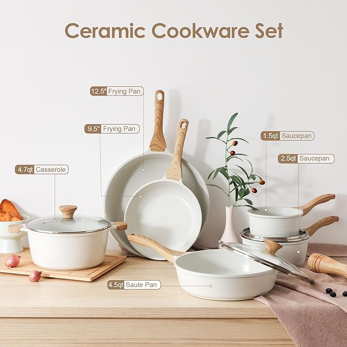 SENSARTE Nonstick Ceramic Cookware Set 16-Piece Healthy Pots and Pans Set Non-toxic Kitchen Cooking Set with Stay-Cool Handles Silicone Utensils and Pot Protectors PFAS/PTFE/PFOA Free